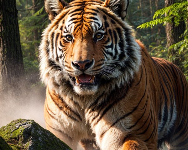 Majestic tiger in lush forest with sunlight and water