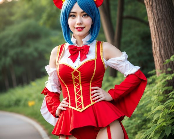 Young woman in red and white costume with cat ears