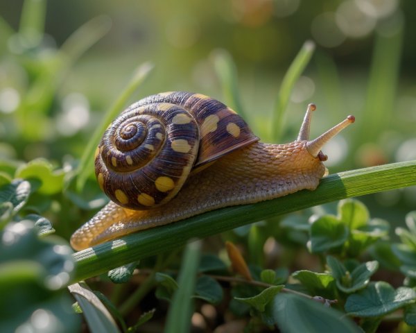 Close-Up of Snail on Green Grass Blade with Sunlight