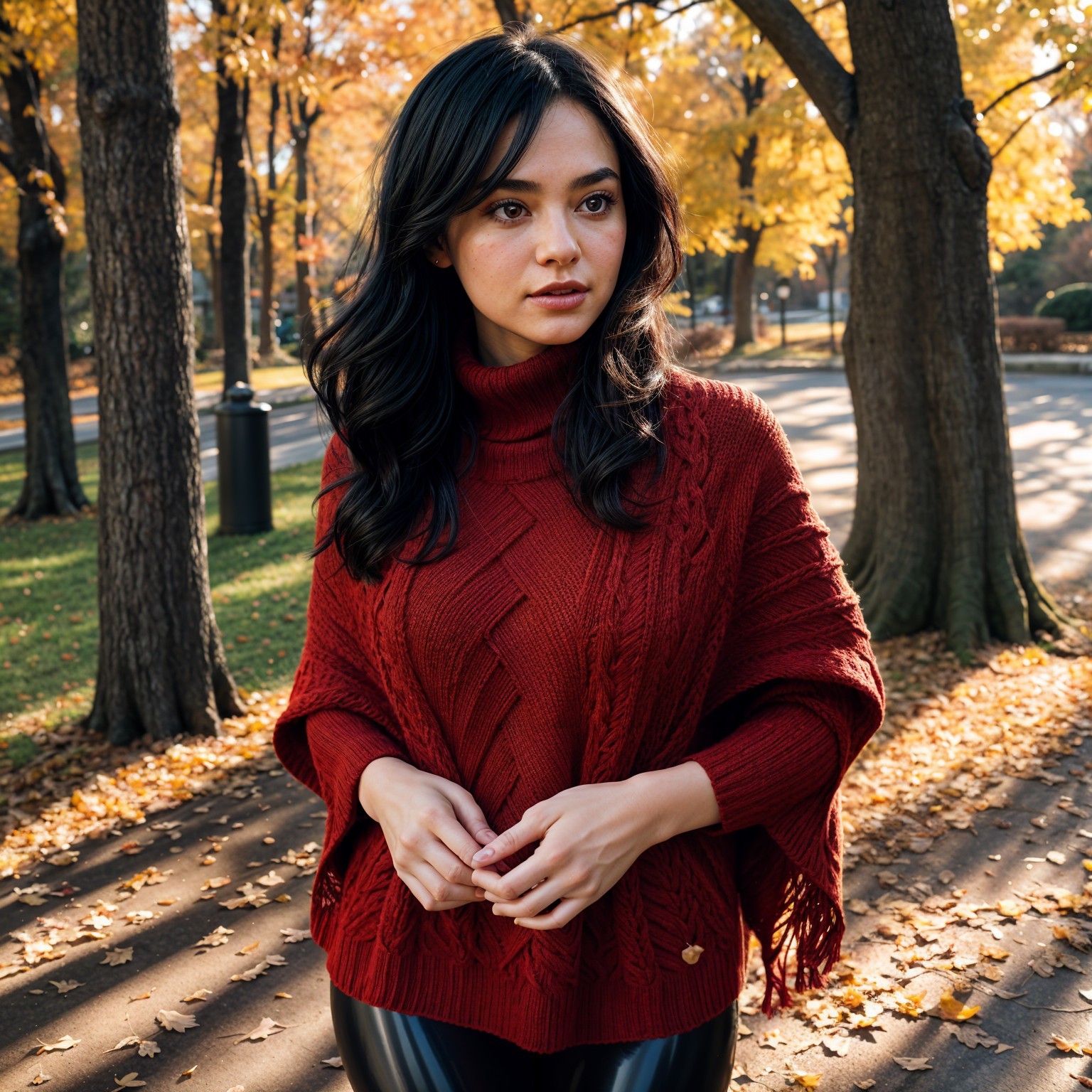Young Woman in Autumn Park with Cozy Poncho