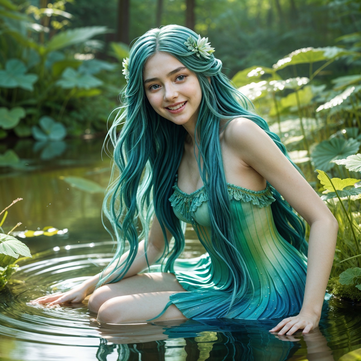 Young woman in teal hair seated by serene forest pond