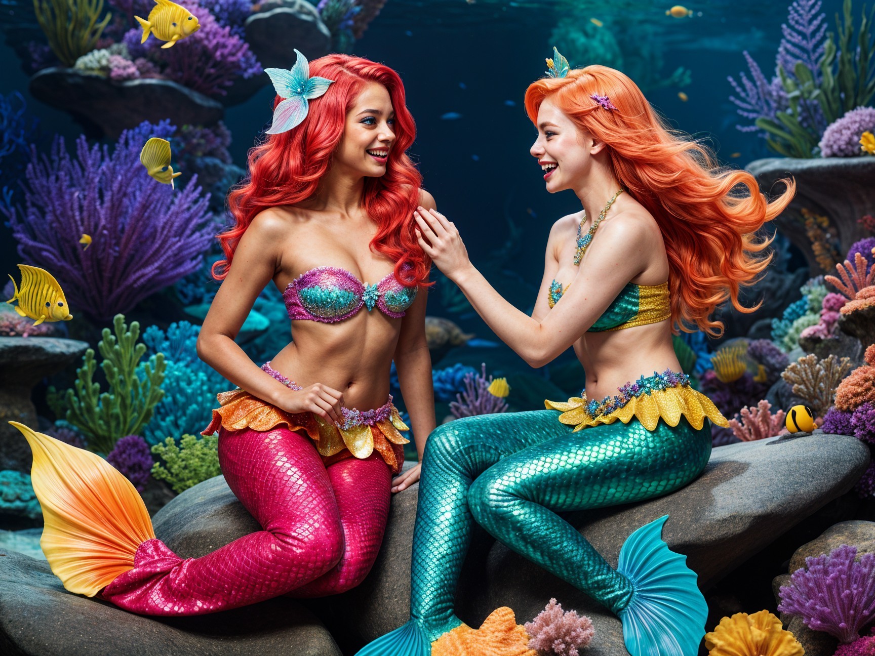 Vibrant Mermaids in Colorful Underwater Scene