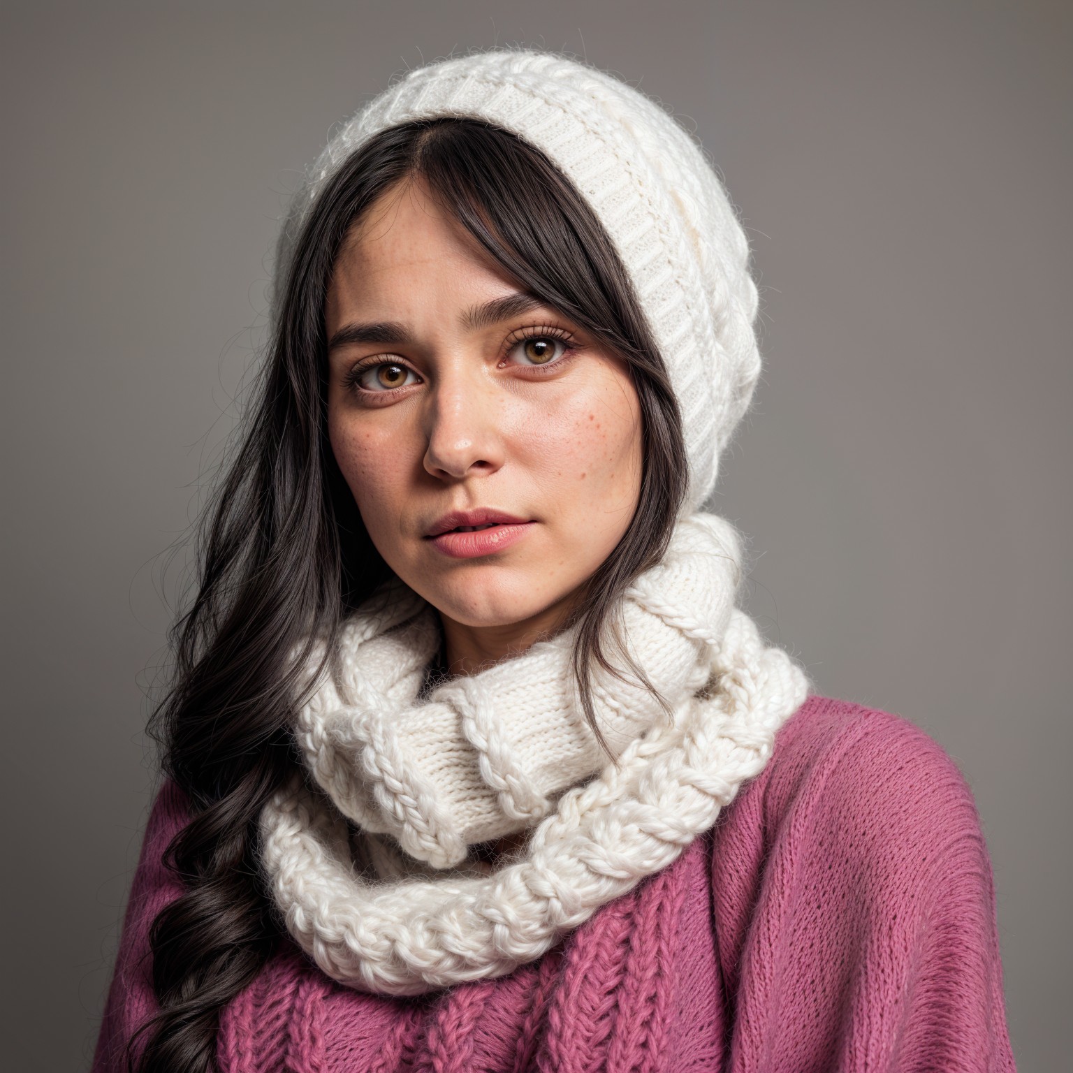 Young Woman in Cozy Pink Knit Sweater and Beanie