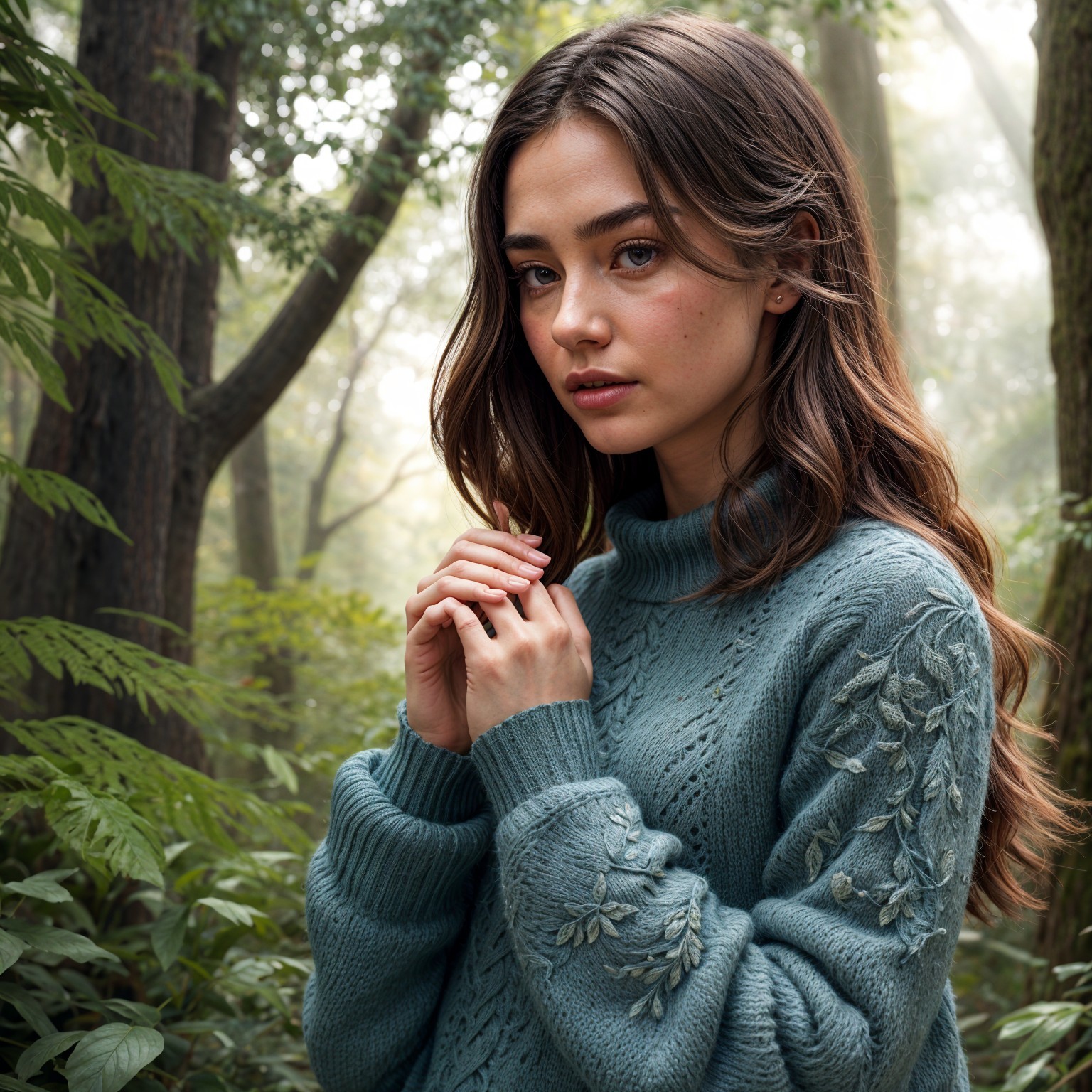 Young woman in blue sweater in misty forest setting