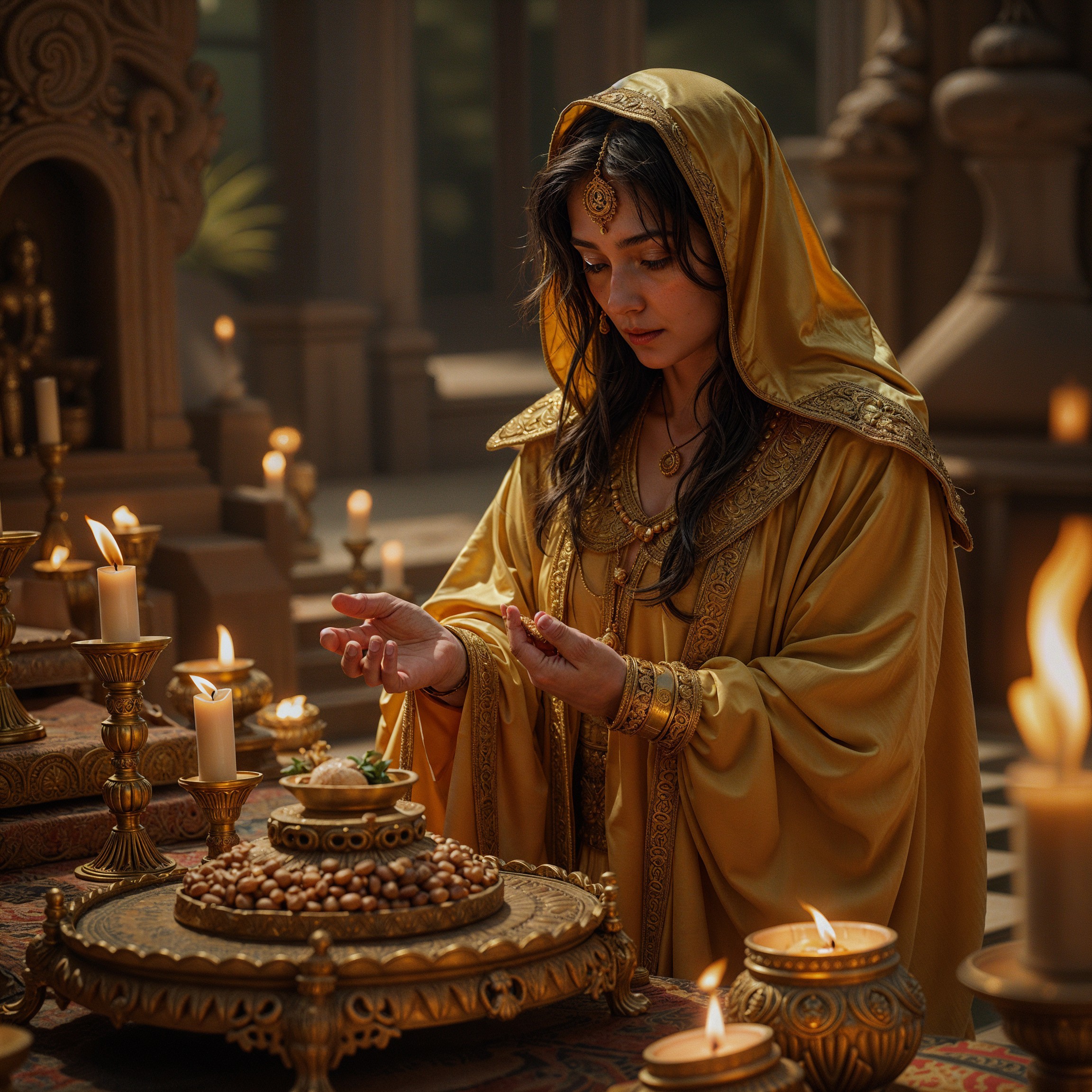Woman in Golden Robe in Opulent Room with Offerings