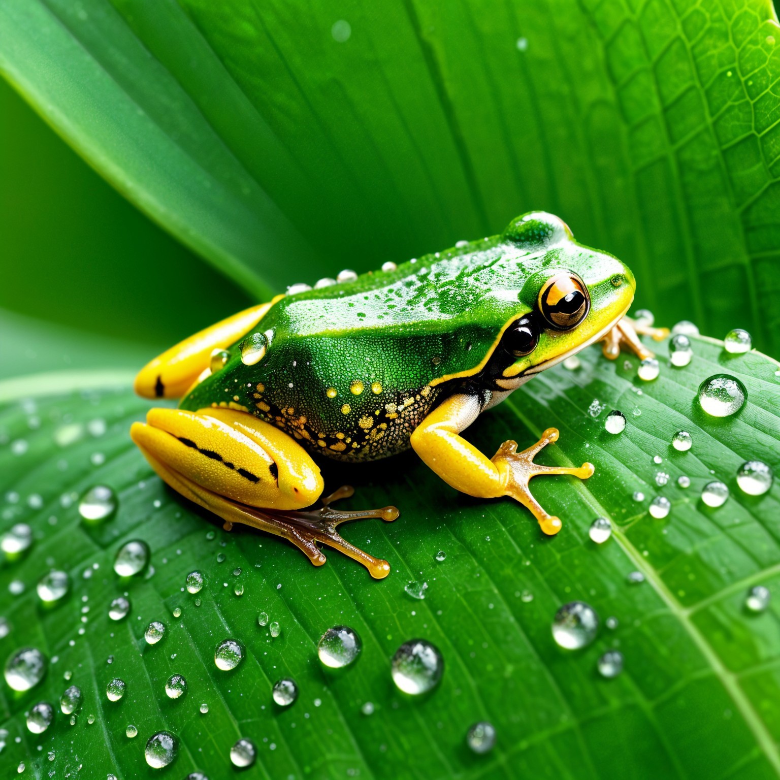 Vibrant Green Frog on Leaf with Water Droplets