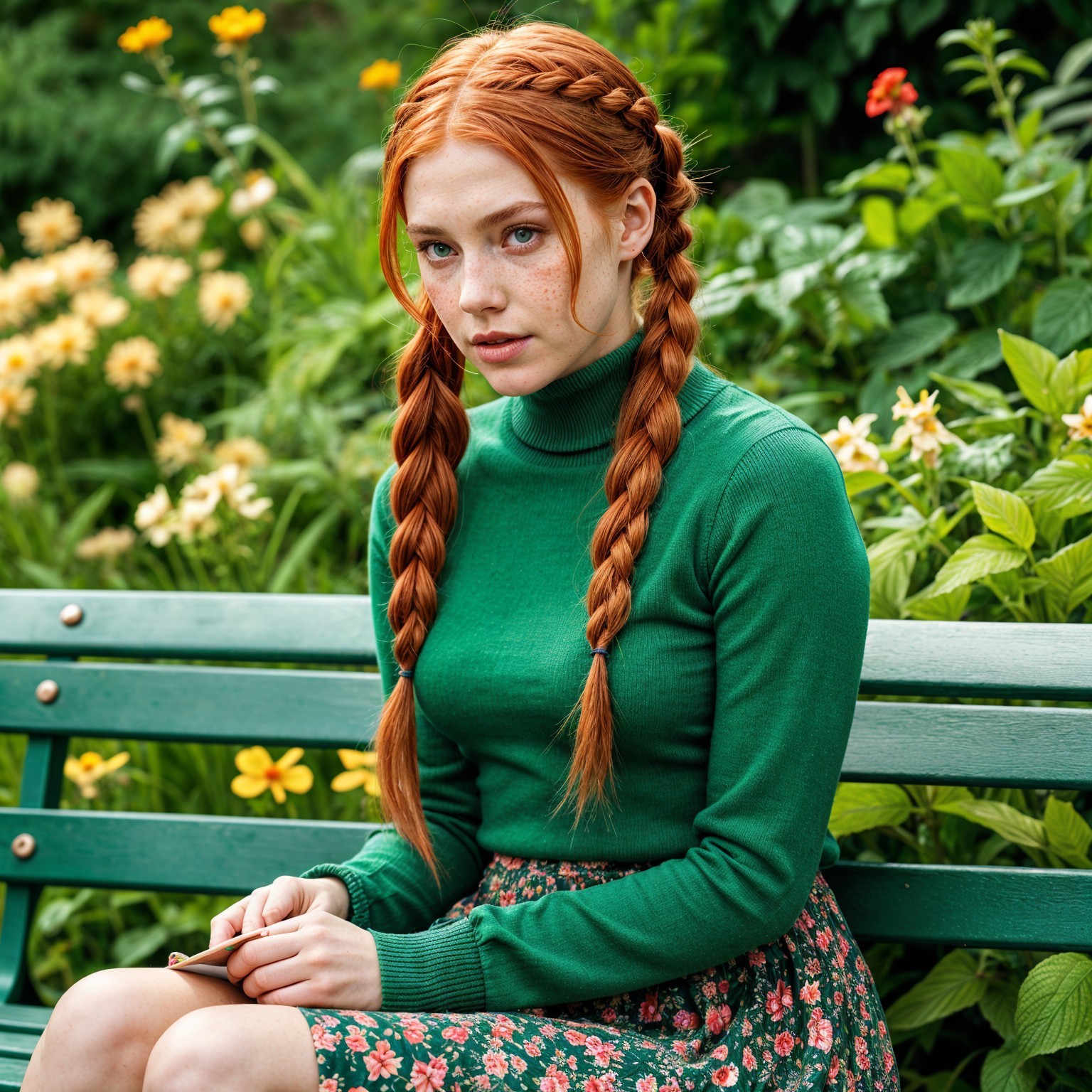 Young woman with red hair on a green bench in garden