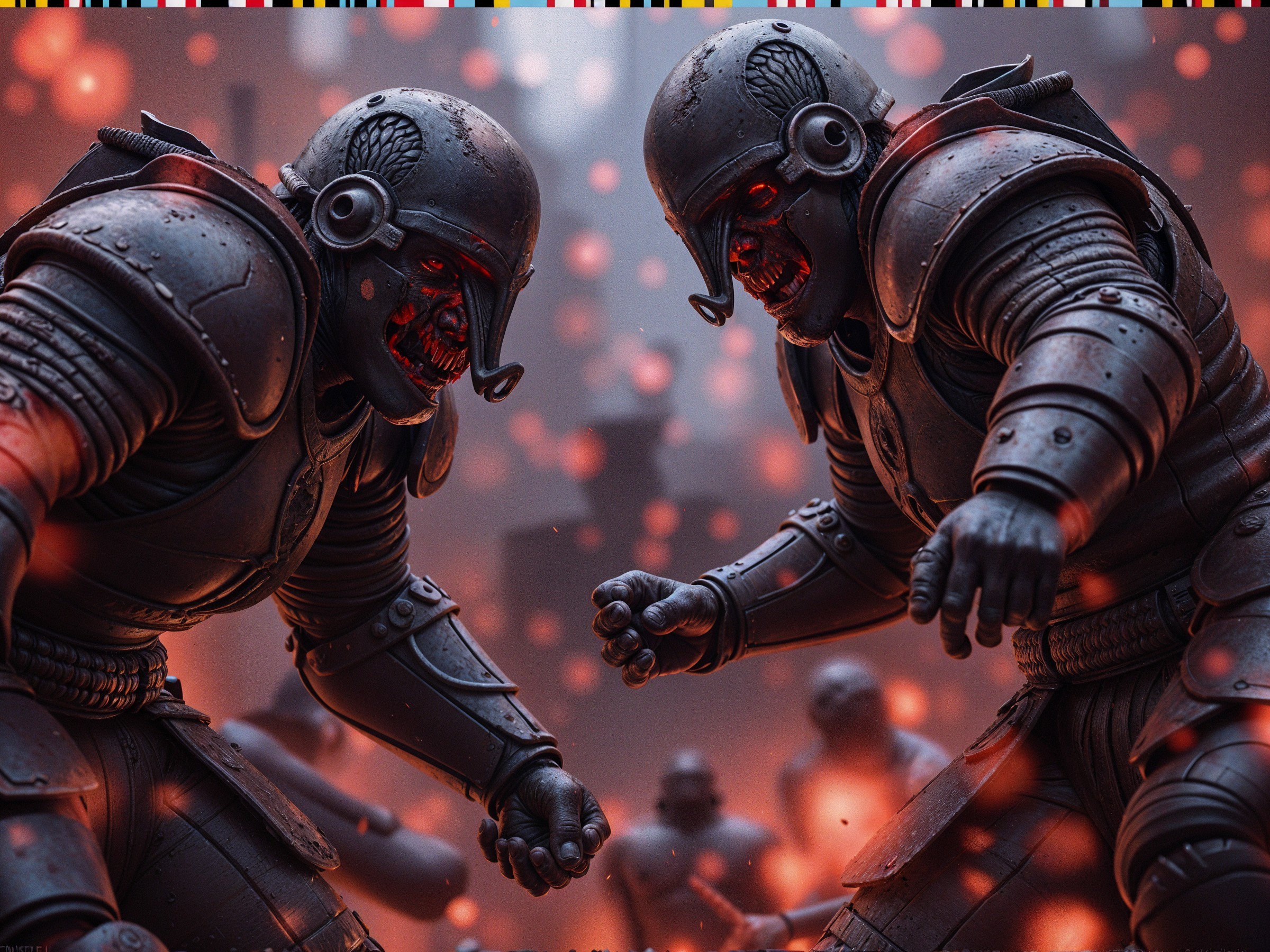 Armored Figures in Dark Suits with Glowing Red Eyes