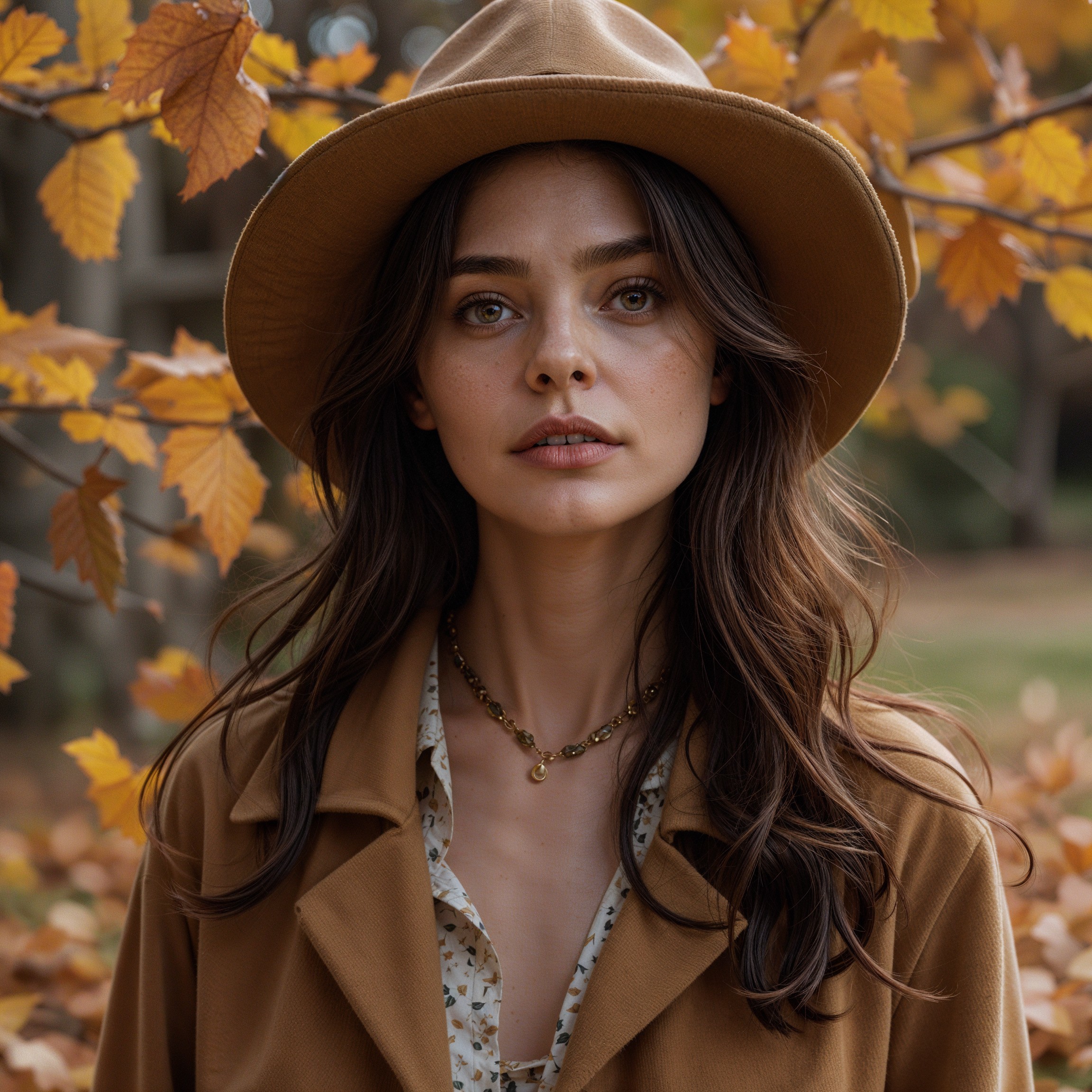 Young woman in autumn attire among colorful foliage