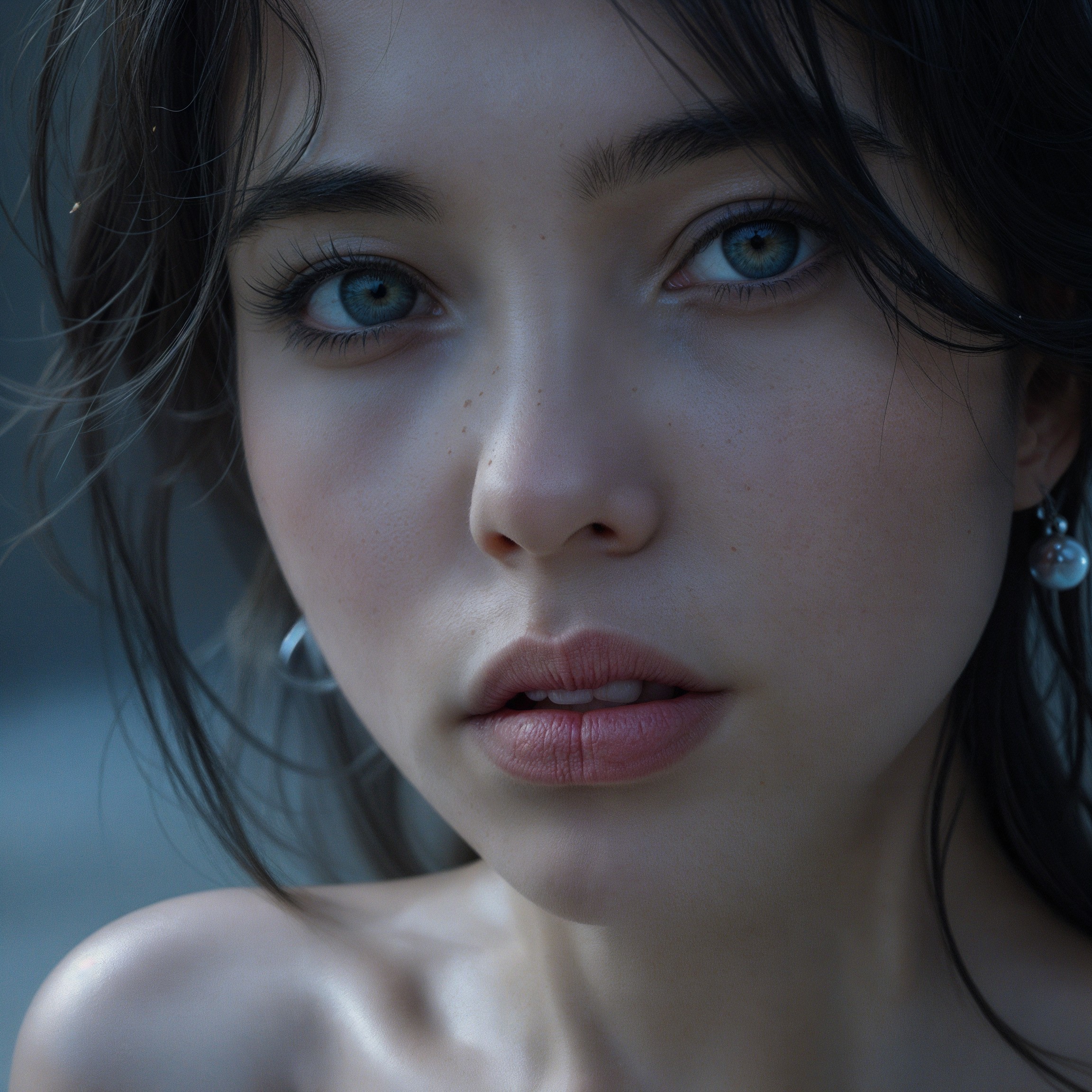 Close-up of a young woman with blue eyes and freckles