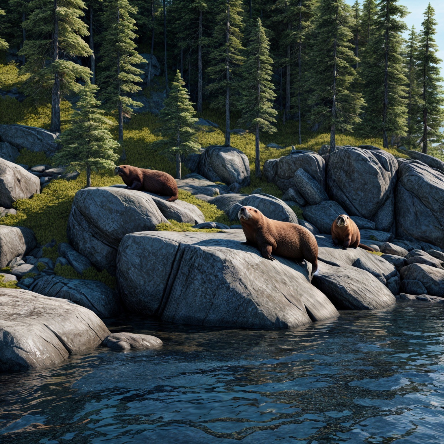 Sea Lions Basking on Rocks by Serene Shoreline