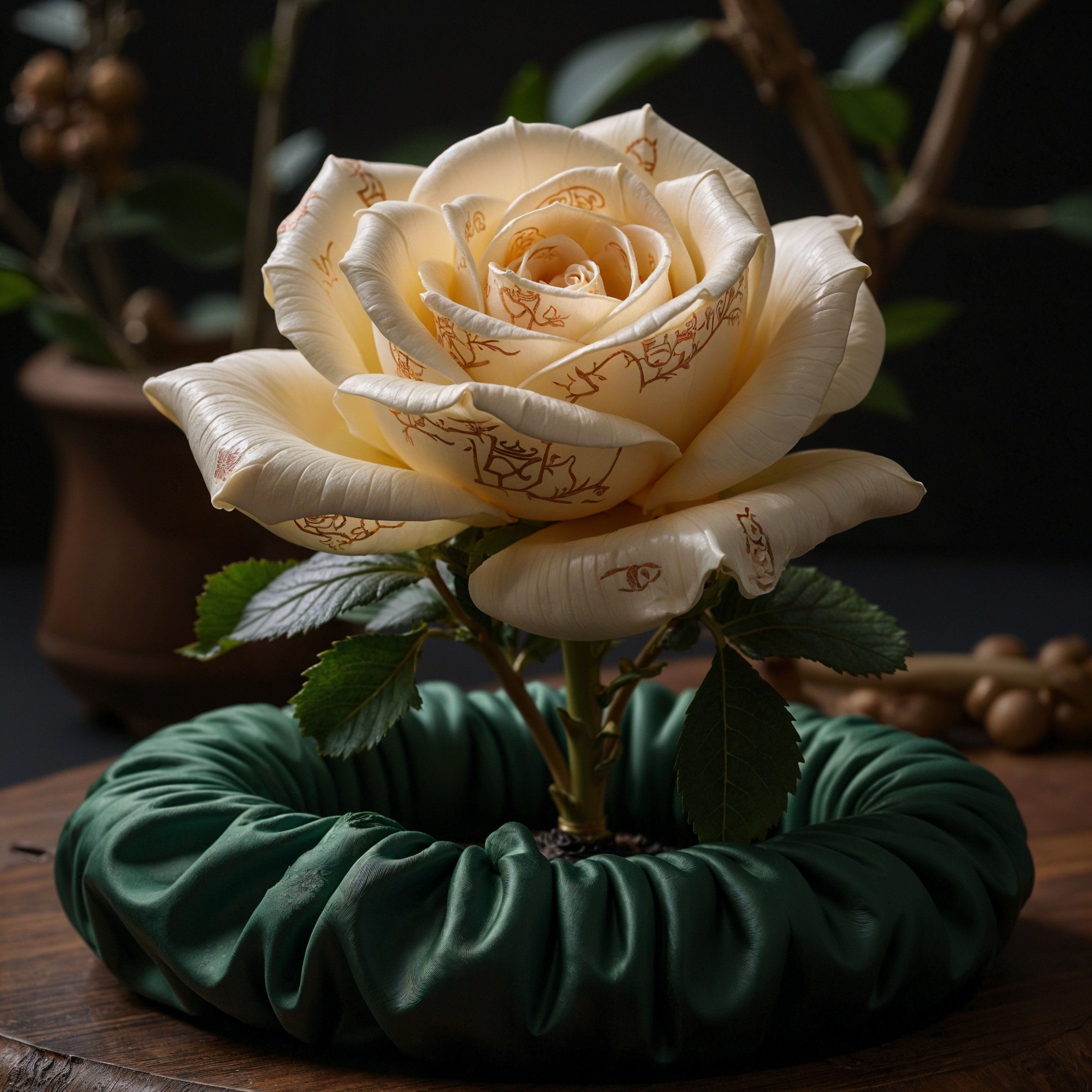 Decorative rose with cream petals and golden patterns