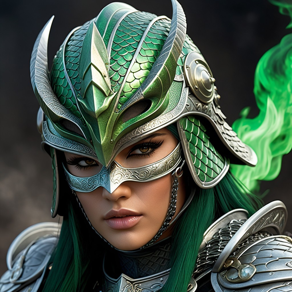 Fierce Warrior in Intricate Green and Silver Armor