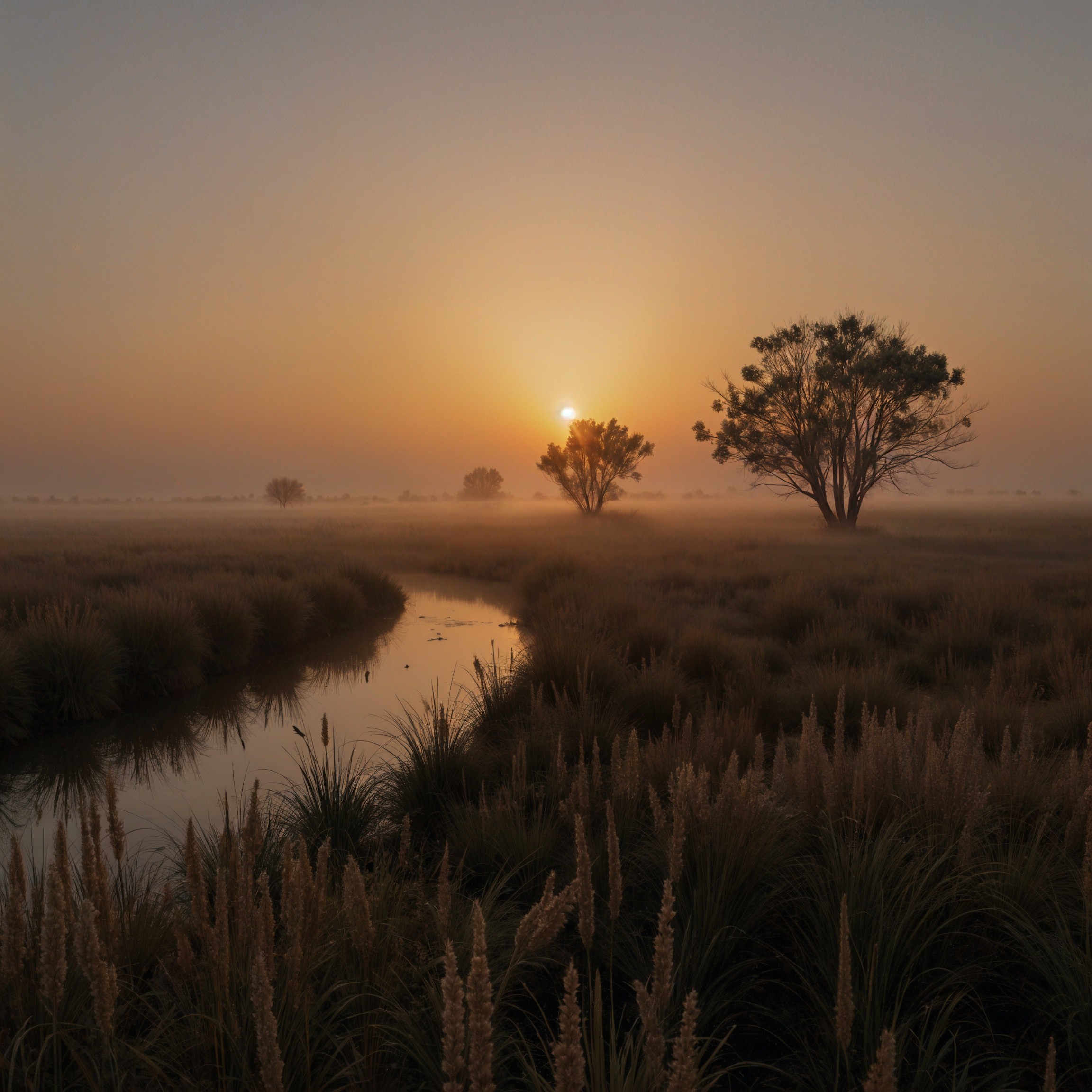 Serene Dawn Landscape with Winding River and Mist