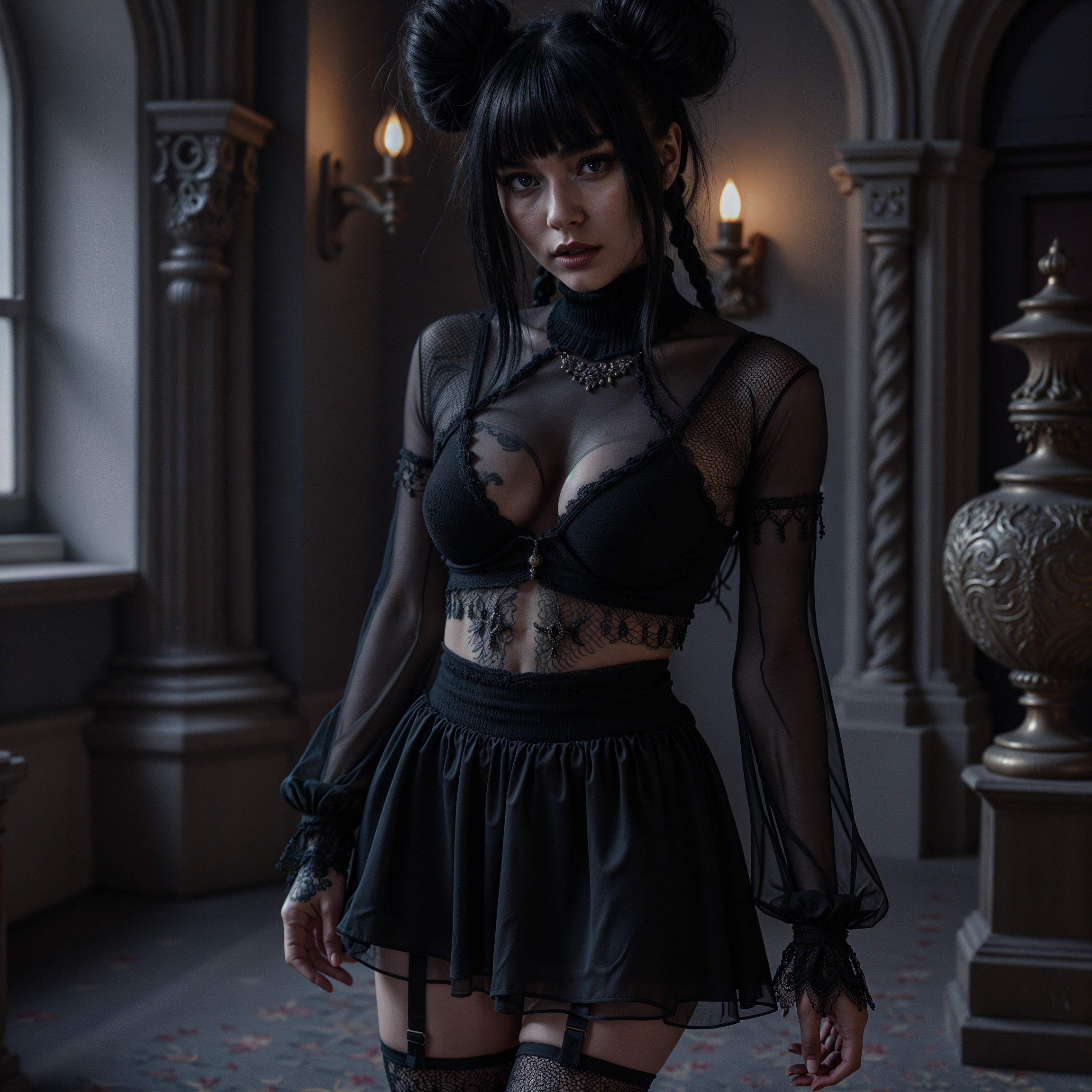 Gothic Elegance in Sheer Black Ensemble and Accessories
