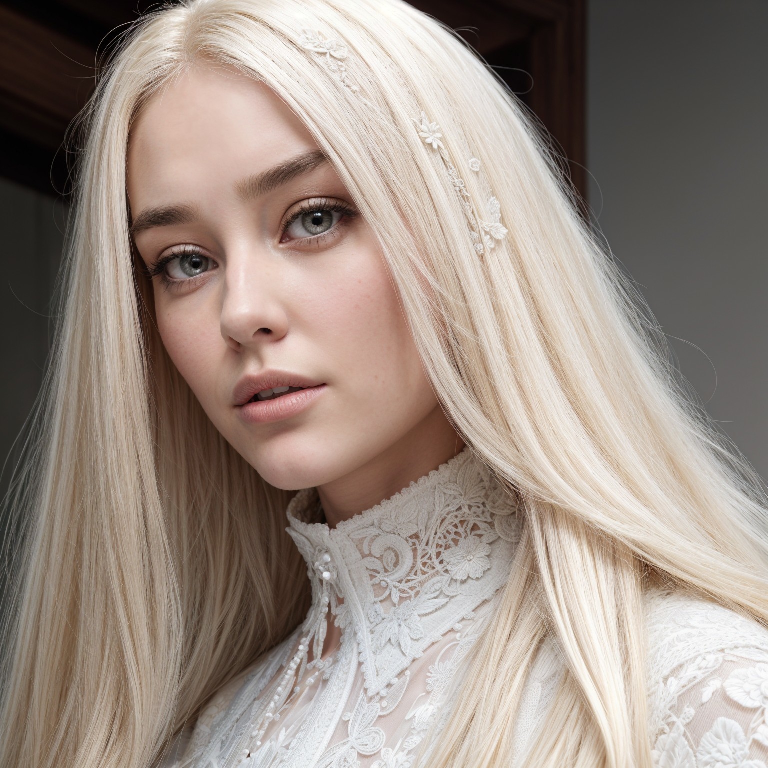 Young woman in white lace dress with platinum blonde hair