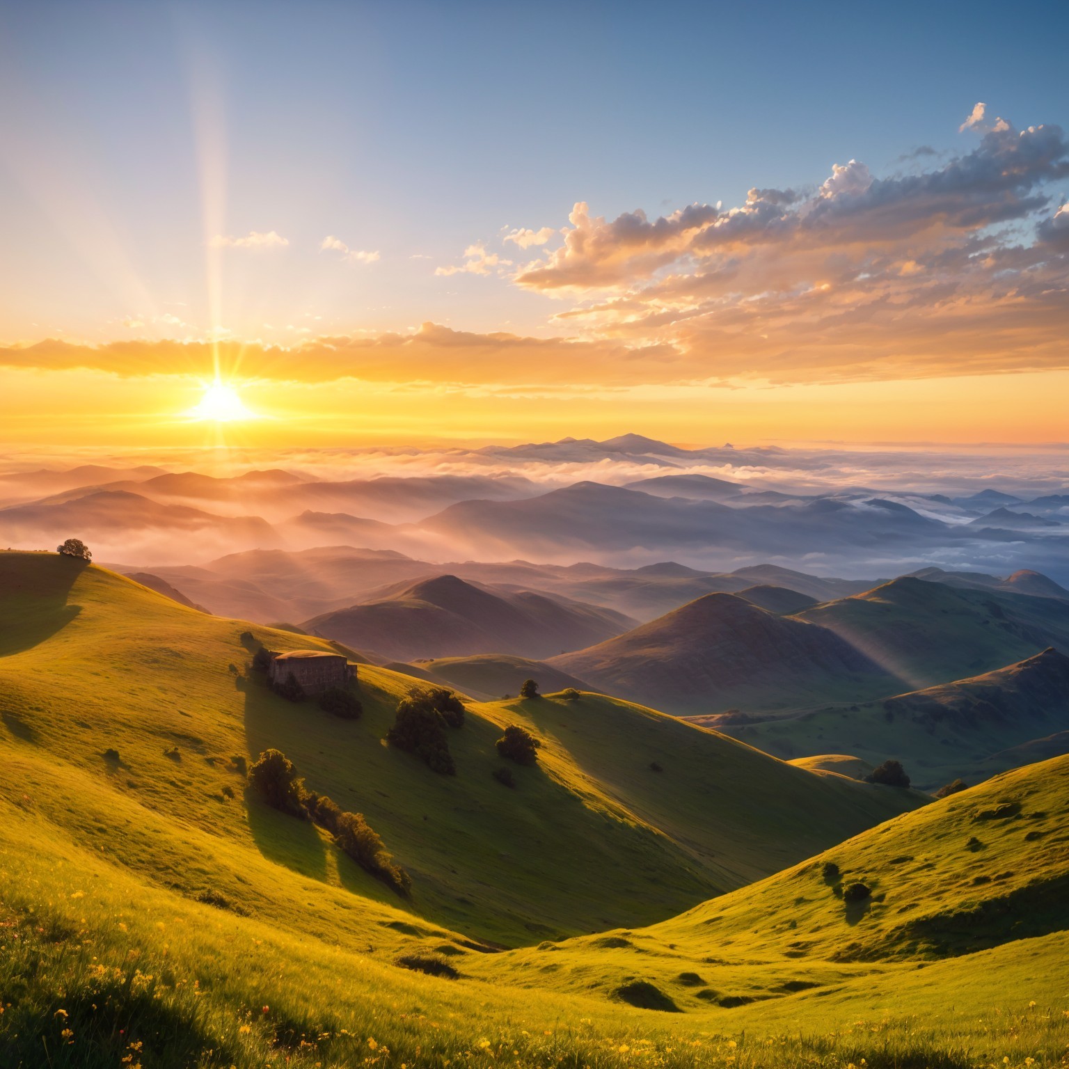 Dawn Landscape of Green Hills and Colorful Wildflowers
