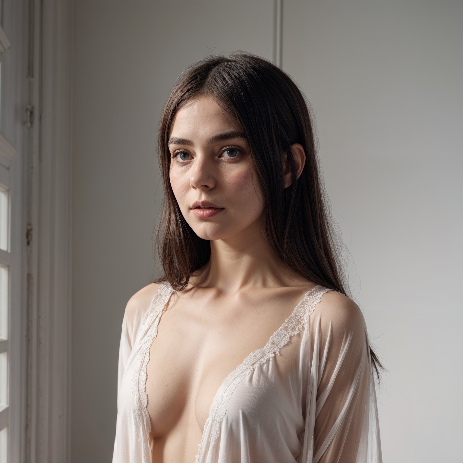 Young Woman in Softly Lit Room with Calm Expression
