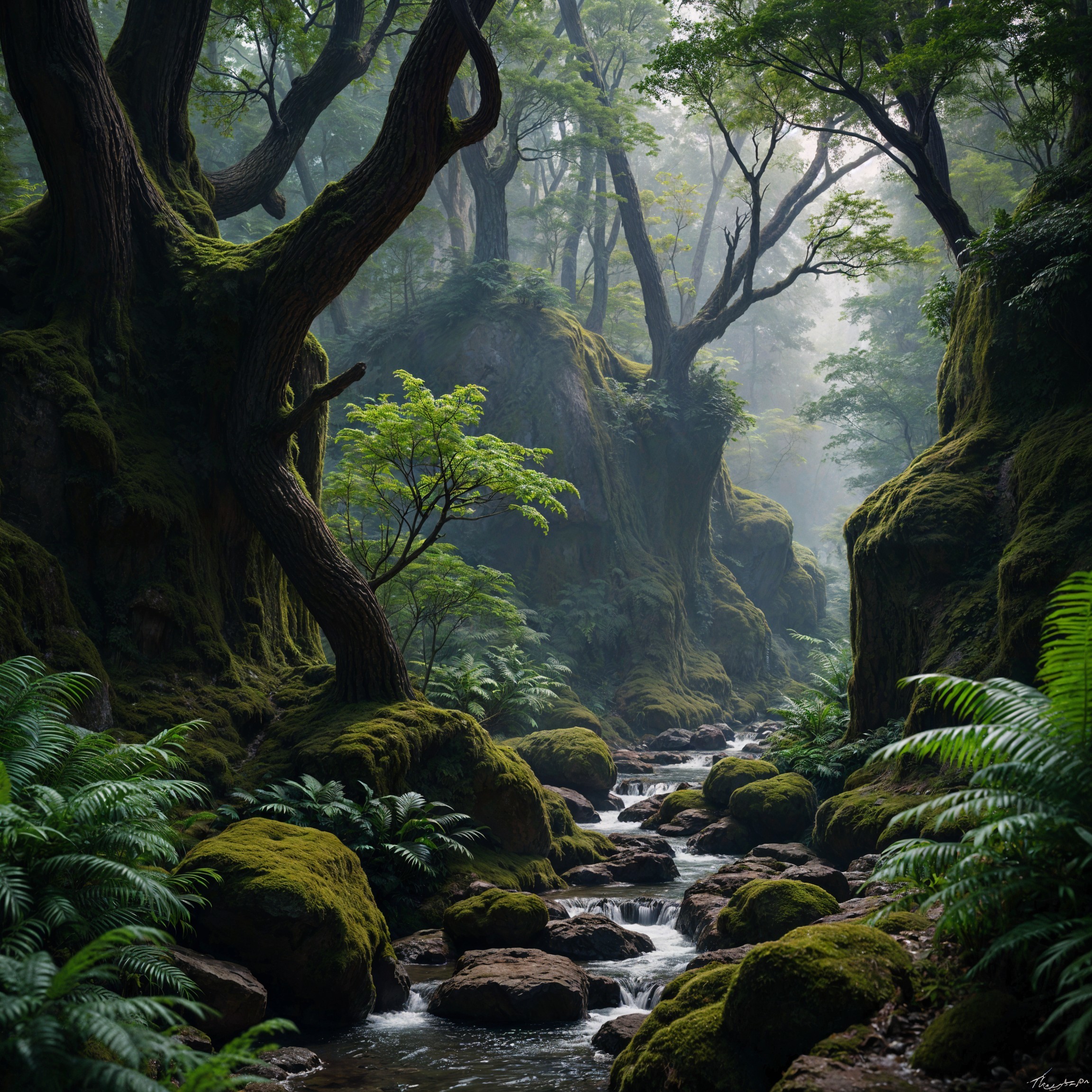 Mystical Forest Scene with Mist and Sunlight
