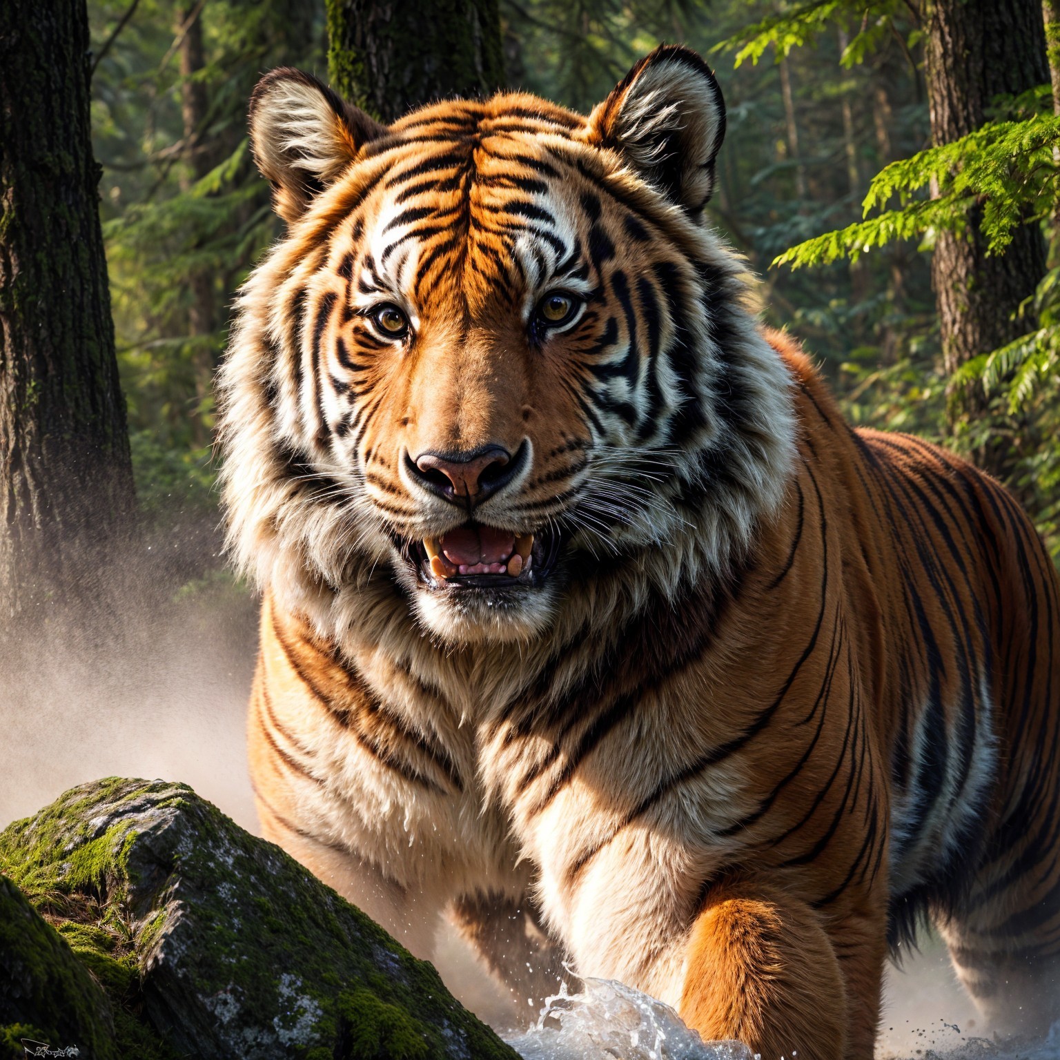 Majestic tiger in lush forest with sunlight and water