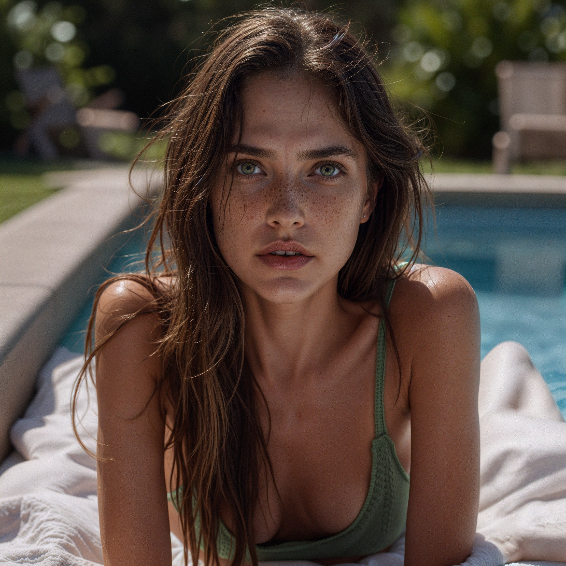 Young woman by pool in green top and white towel