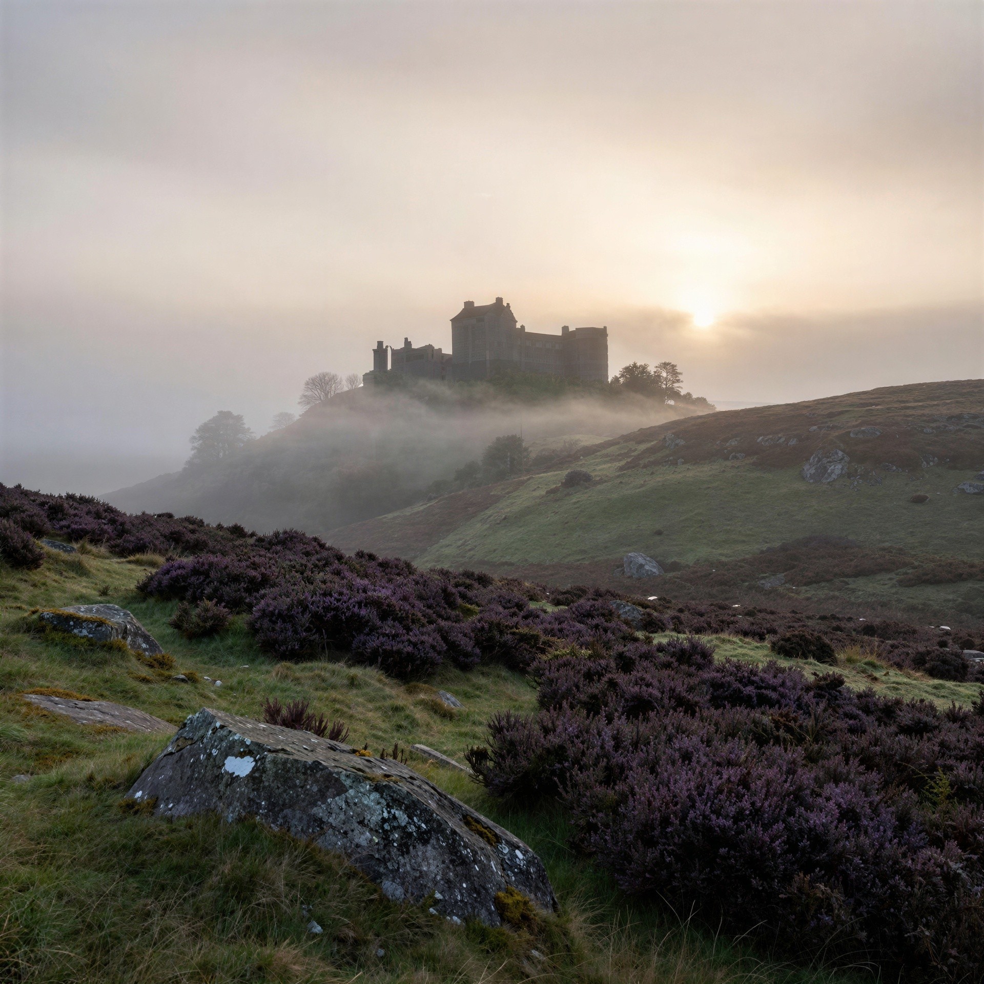 Ancient Castle on Foggy Hill with Heather and Rocks