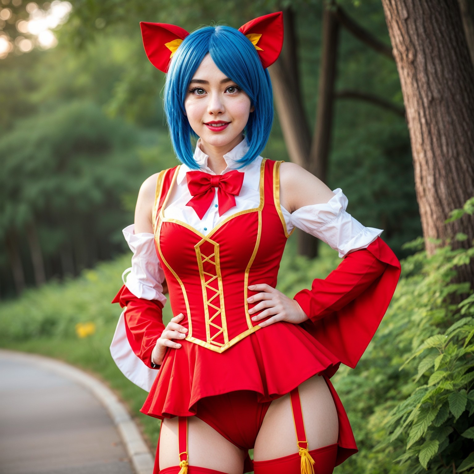 Young woman in red and white costume with cat ears