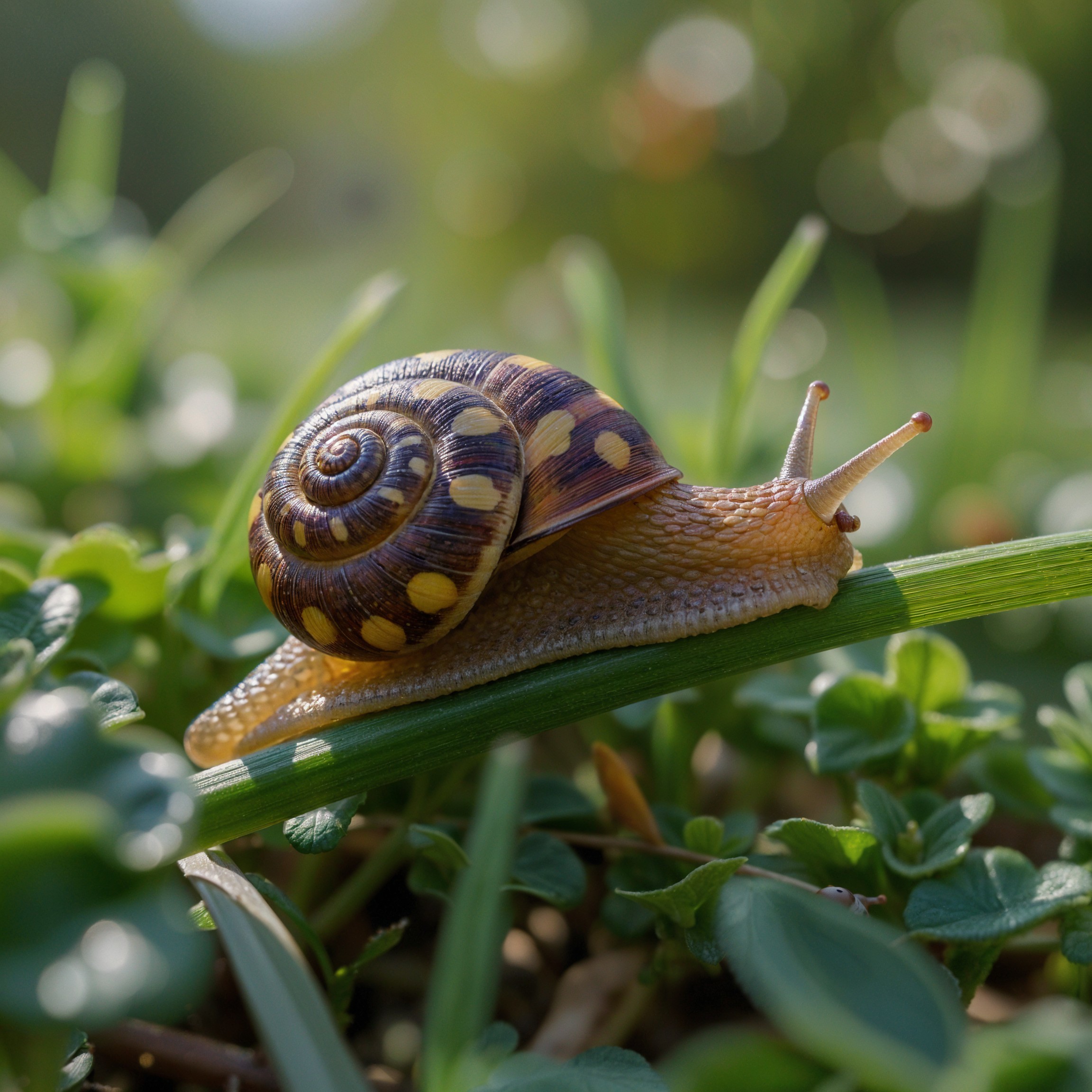Close-Up of Snail on Green Grass Blade with Sunlight