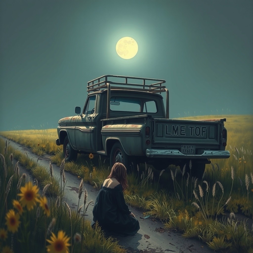 Twilight Scene with Vintage Truck and Full Moon