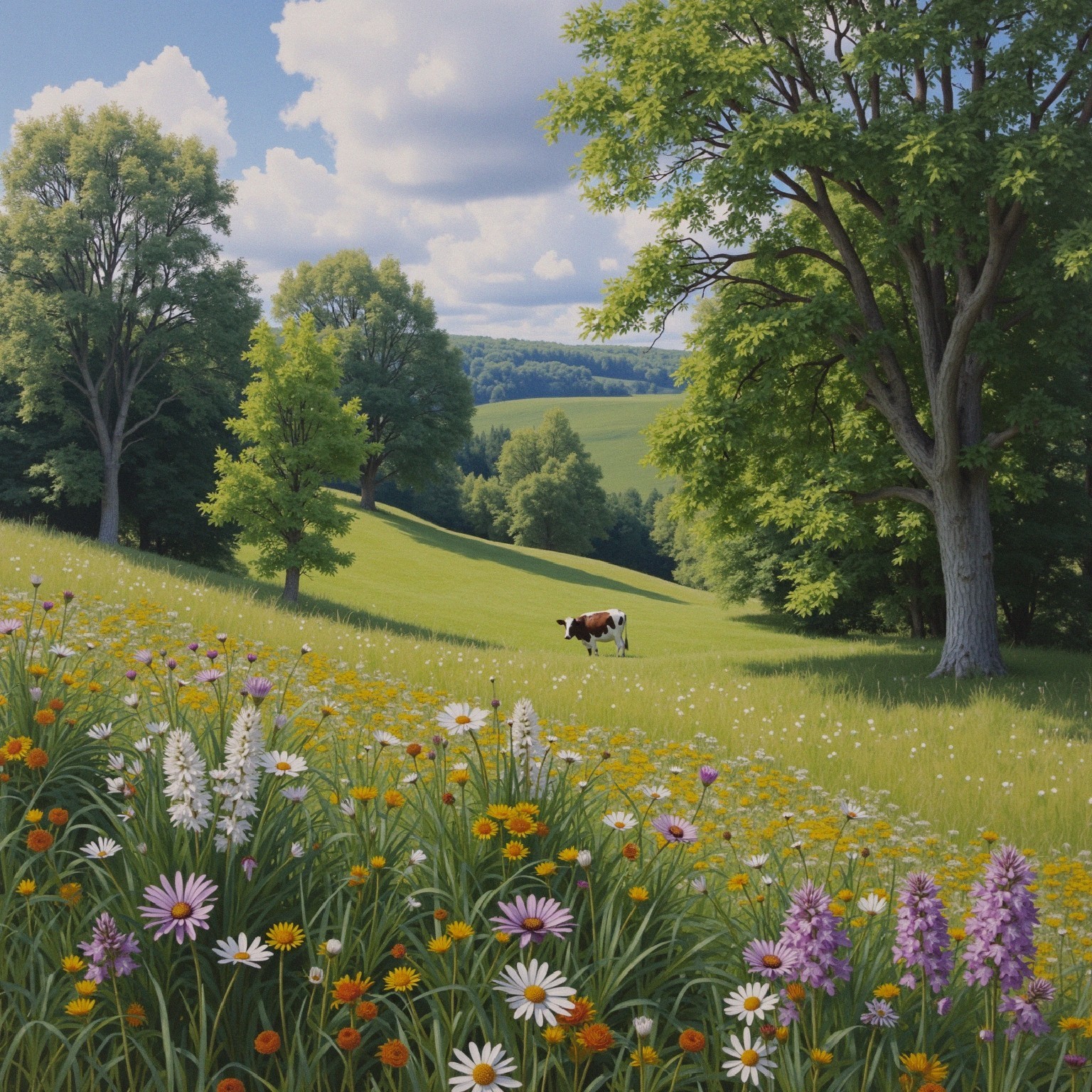 Vibrant Meadow with Wildflowers and Grazing Cow