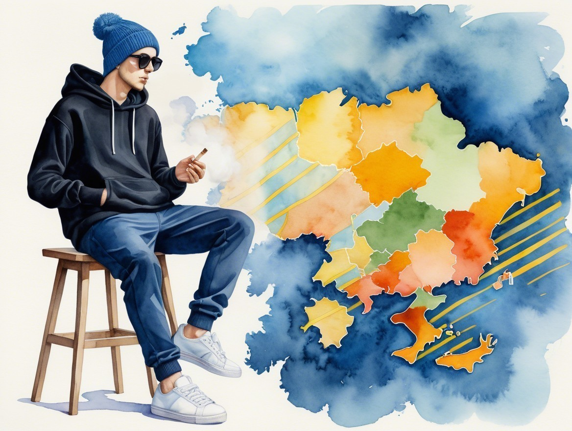 Young man in hoodie with abstract watercolor map