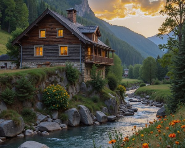 Wooden House by River with Sunset and Mountains