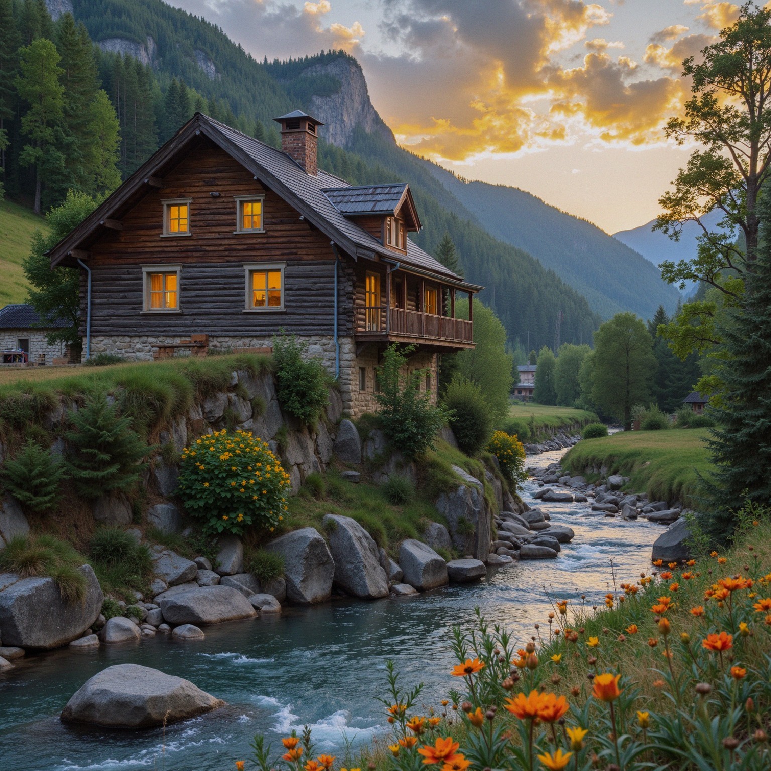 Wooden House by River with Sunset and Mountains