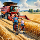 Children Biking by Wheat Field and Combine Harvester