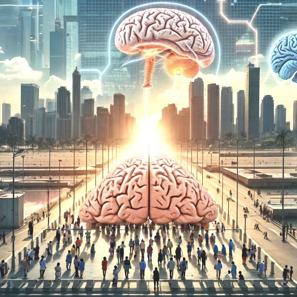 Futuristic City Skyline with Symbolic Human Brains