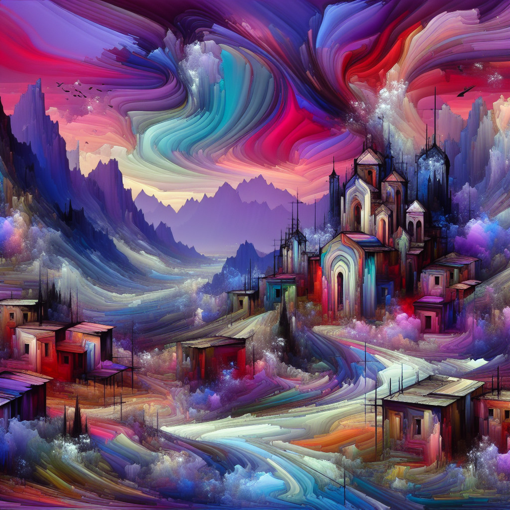 Surreal Landscape with Vibrant Colors and Unique Village