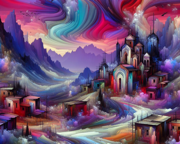 Surreal Landscape with Vibrant Colors and Unique Village