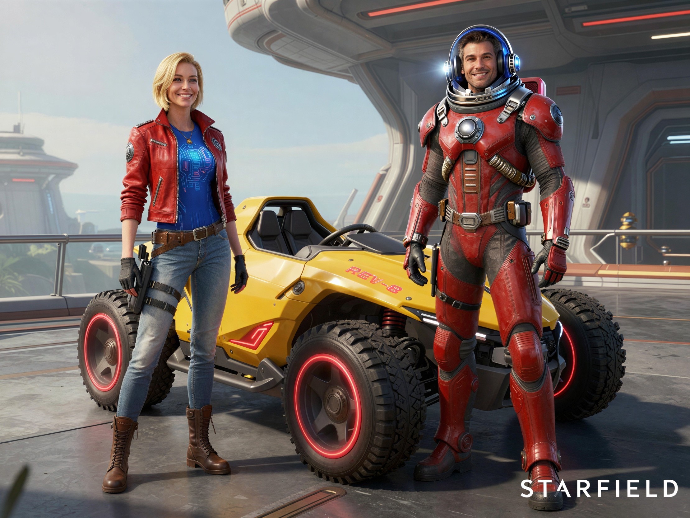 Digital Painting of Couple by Yellow Dune Buggy in Futuristic Setting