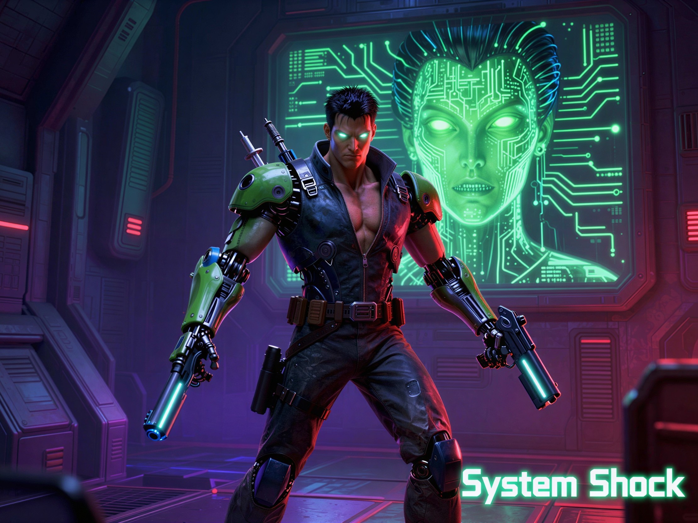 Muscular Character with Futuristic Guns in Neon Setting
