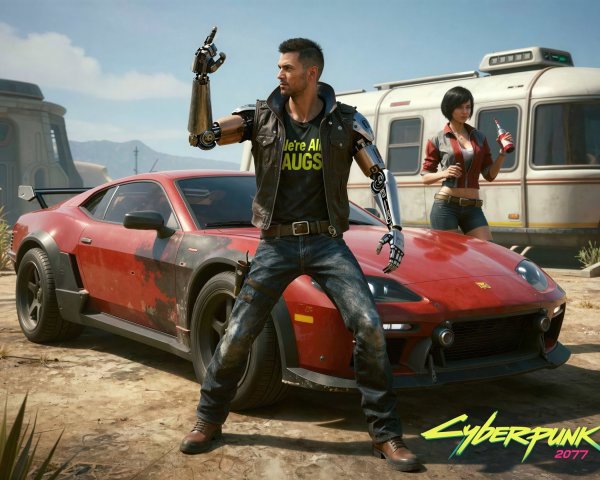 Full body view of a man in Cyberpunk 2077 setting