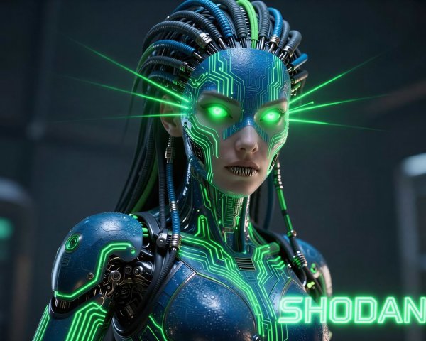 Cybernetic Humanoid in Futuristic Setting with SHODAN