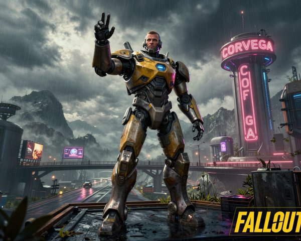 Futuristic man in power armor in a neon cityscape