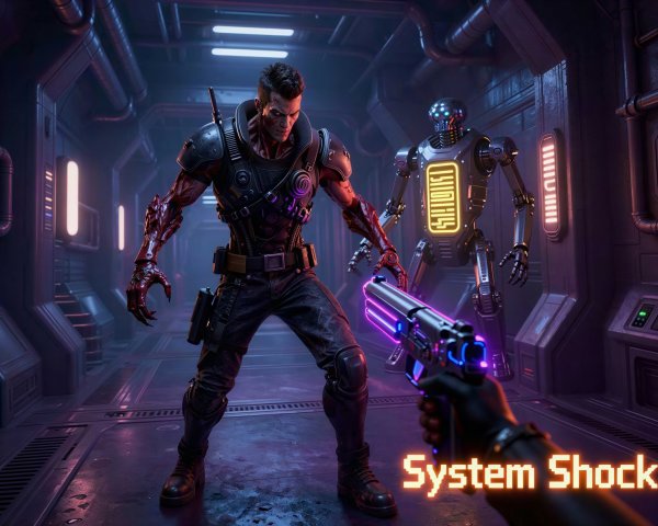 Futuristic corridor with cybernetic man and robot