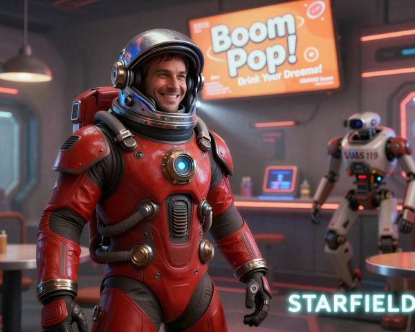 Smiling Man in Futuristic Diner with Robot and Neon Lights