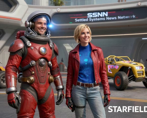 Futuristic scene with two characters in space suits