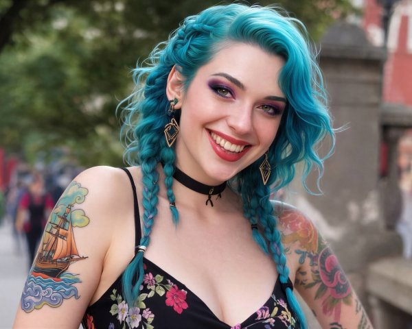 Smiling woman with blue hair and colorful tattoos outdoors