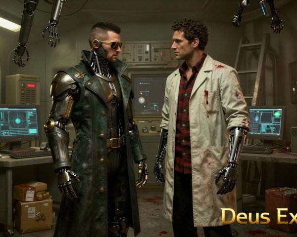 Two men in a sci-fi lab with cybernetic features