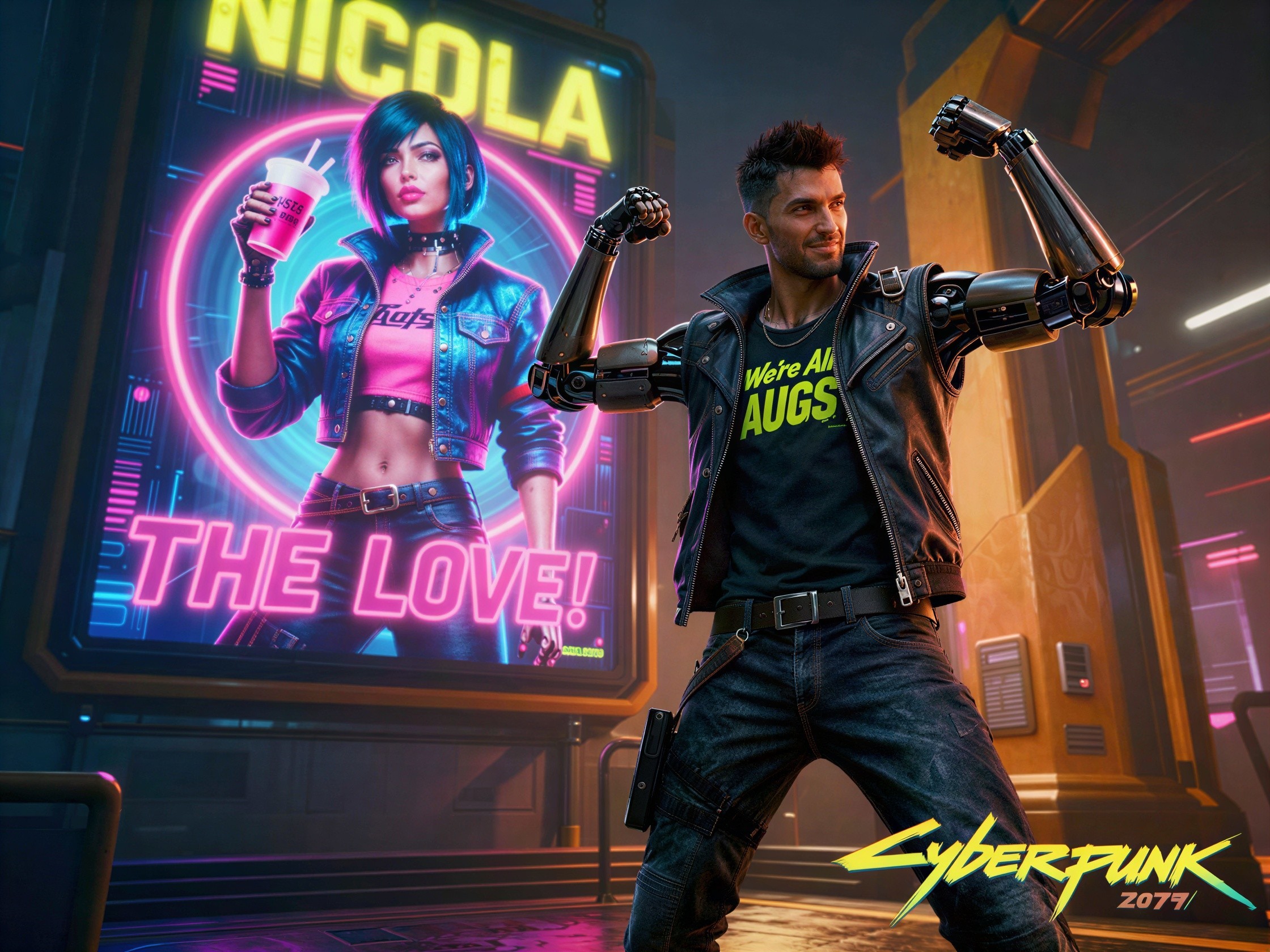 Cyberpunk Character with Bionic Arms in Neon City