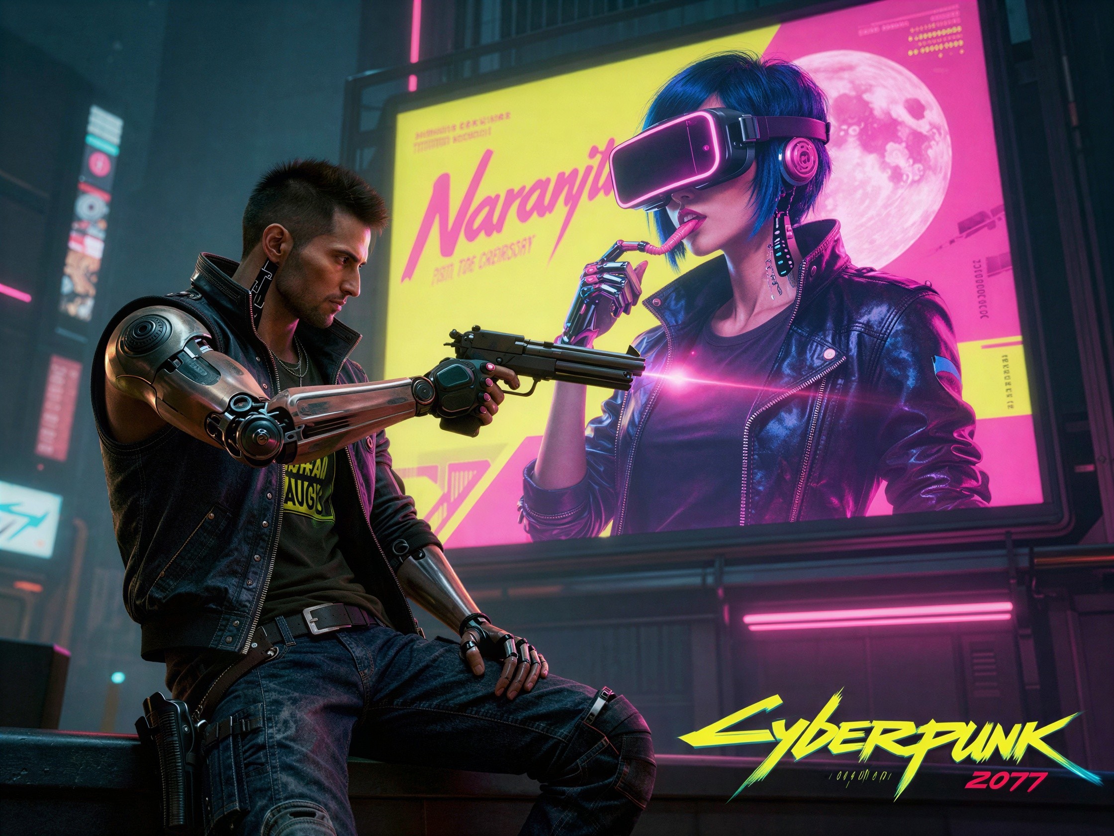 Cyberpunk Scene with Dark-Haired Character and Billboard