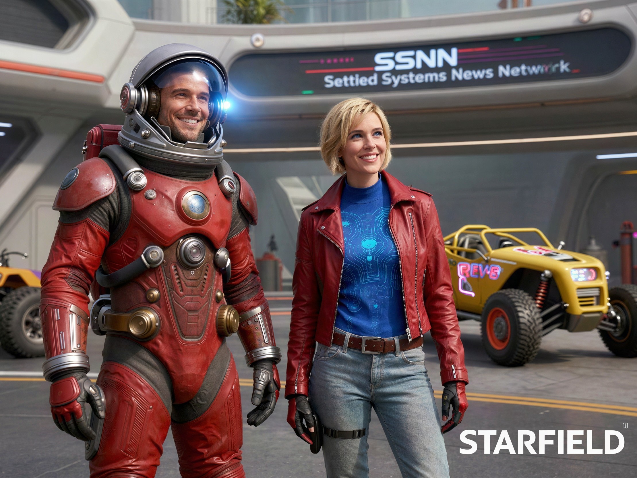 Futuristic scene with two characters in space suits